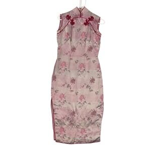Floral Cheongsam Dress Chinese Qipao Sleeveless Pink Asian Inspired,‎ XS To S